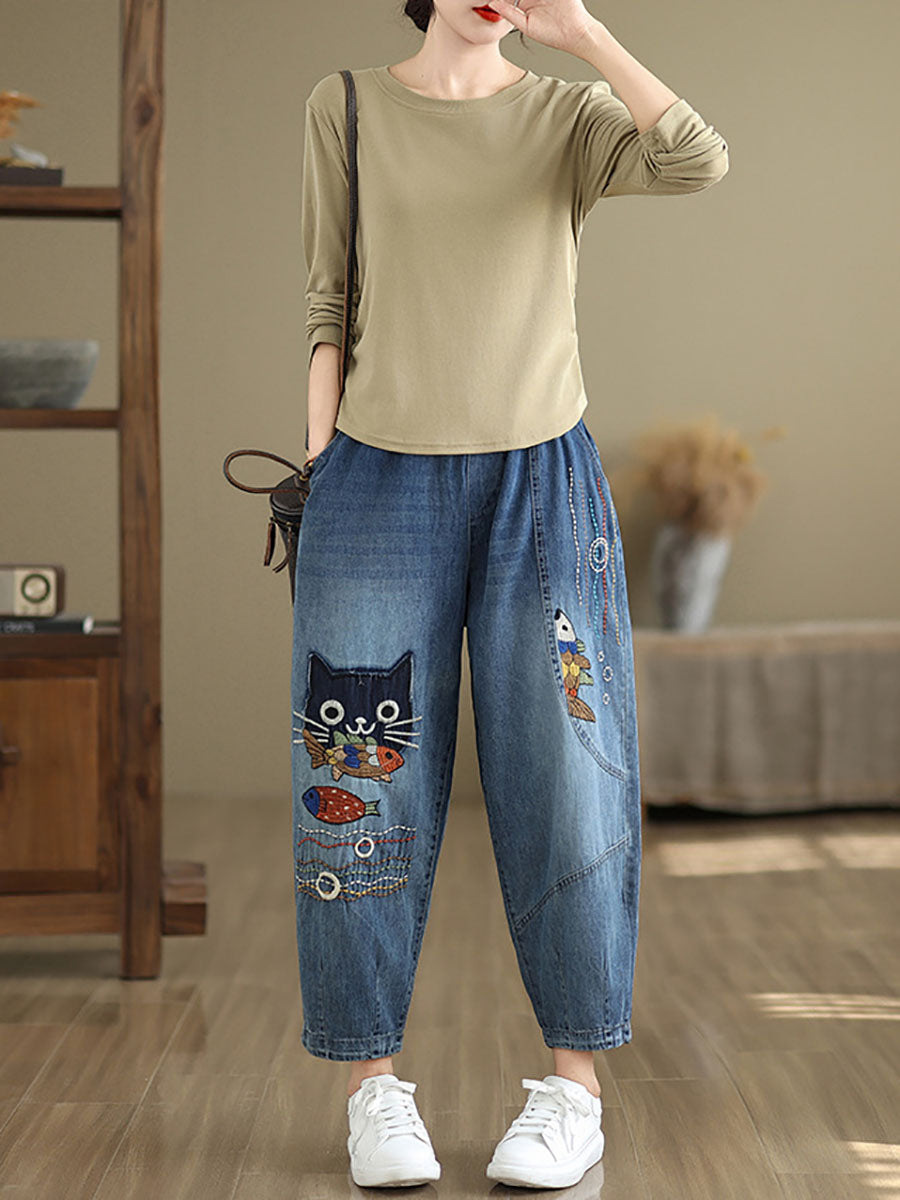 Women Autumn Casual Cat Patch Spliced Denim Harem Pants AV1004