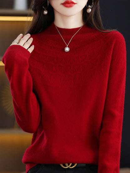 Women Autumn Solid Cable Knit 100%Wool Half Turtleneck Sweater QN017