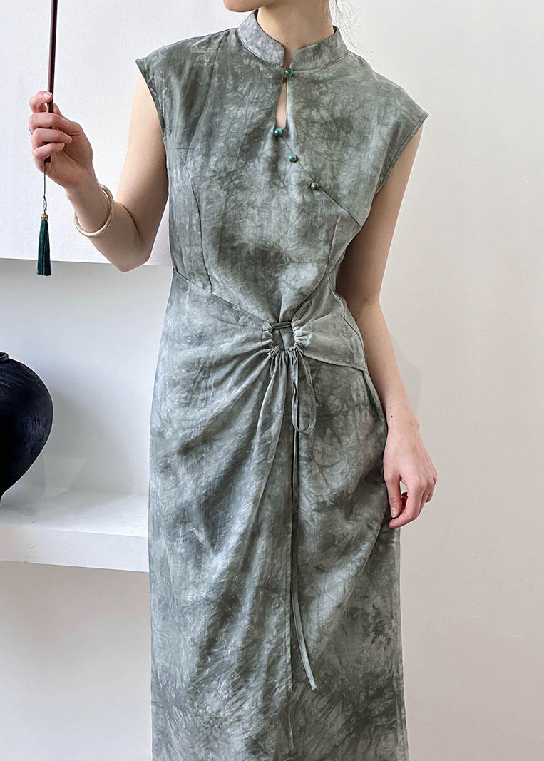 New Grey Button Lace Up Silk Cotton Long Dress Summer AF1012