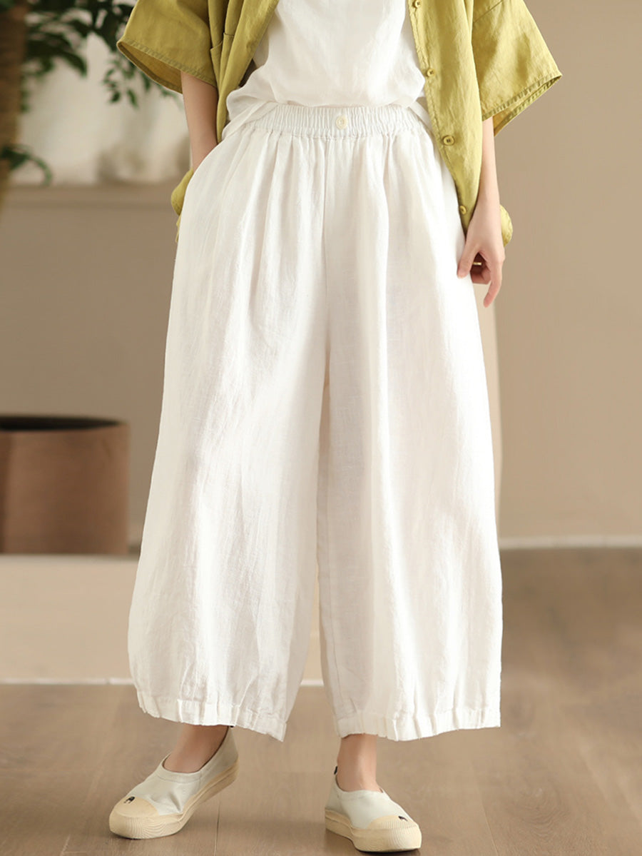 Women Summer Vintage Solid Linen Wide-leg Pants FD038