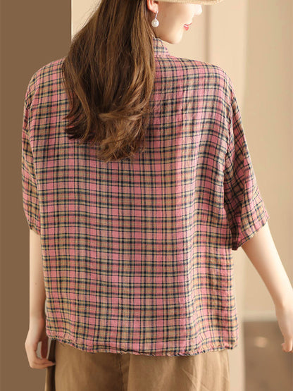 Women Artsy Plaid Summer Button-up Linen Shirt KL1012