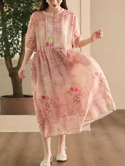 Women Summer Vintage Floral Strap Ramie Dress CX008