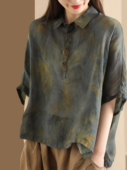 Women Summer Vintage Tie-dye POLO Ramie Shirt OO1045