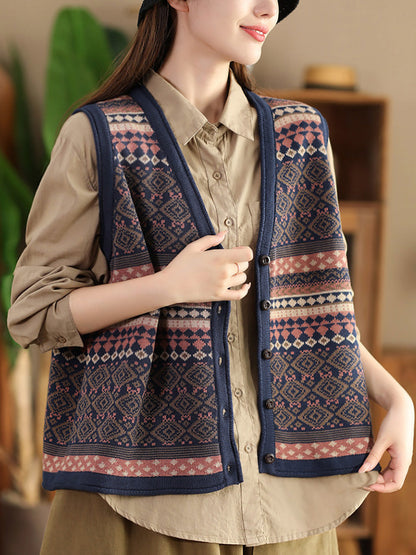 Women Ethnic Stripe V-Neck Cotton Vest WG027