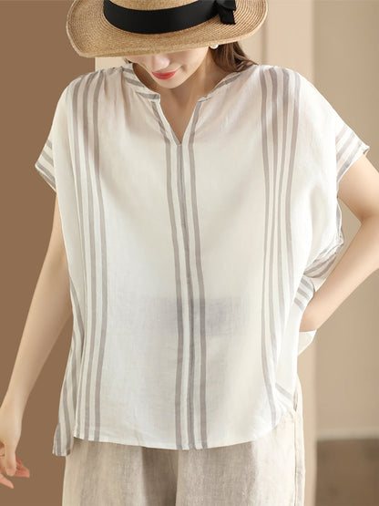 Women Summer Artsy Stripe V-Neck Thin Linen Shirt CV1053