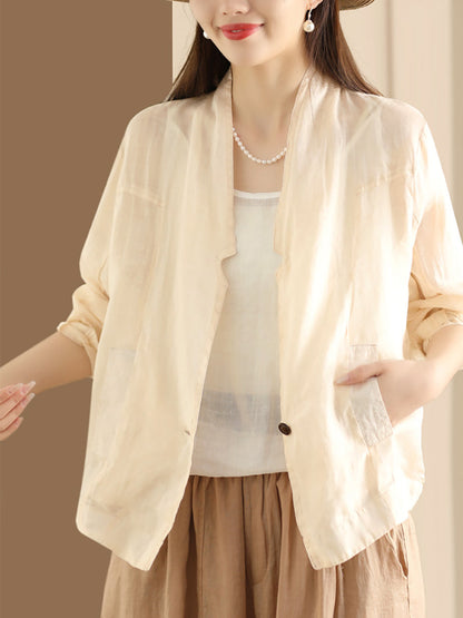 Women Vintage Solid Summer Ramie Thin Cardigan Shirt Coat SC1056