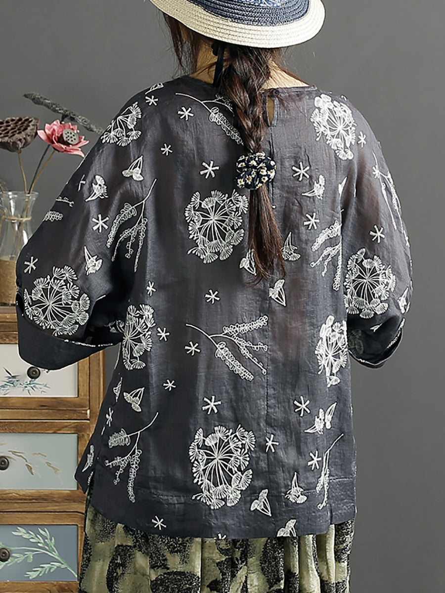 Women Vintage Embroidery Solid Ramie Shirt AA1012
