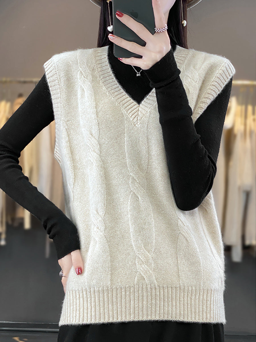 Women Casual Autumn Wool V-Neck Cable Knit Vest QN024