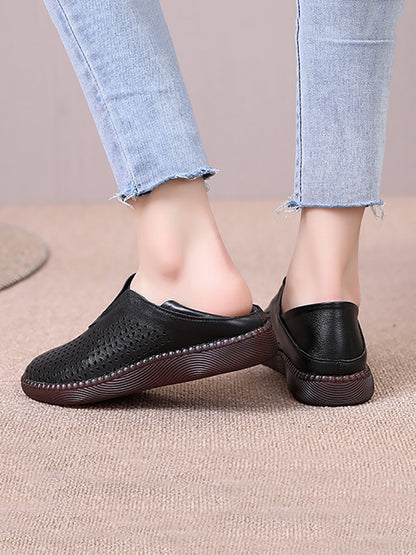 Women Summer Solid Casual Leather Cutout Flat Shoes HH048