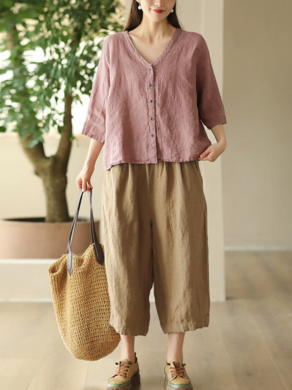 Women Summer Retro Solid Linen Loose Harem Pants FD009