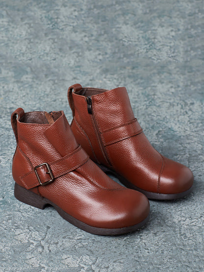 Women Vintage Autumn Soft Leather Buckle Low Heel Boots BA1053