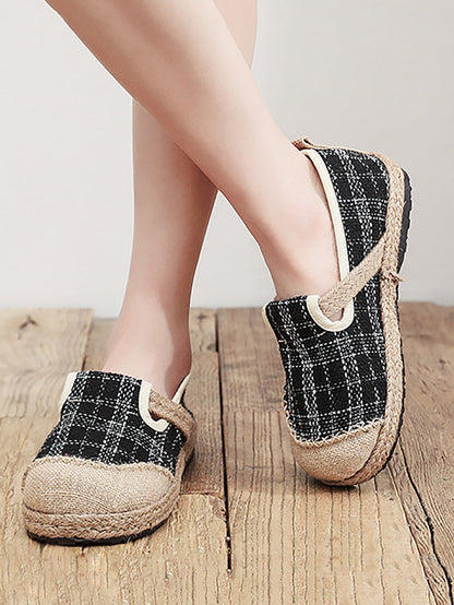 Women Artsy Summer Plaid Linen Spliced Flat Shoes RR007