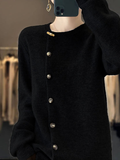 Women Autumn Solid Knit Wool Buttoned O-Neck Sweater WU024