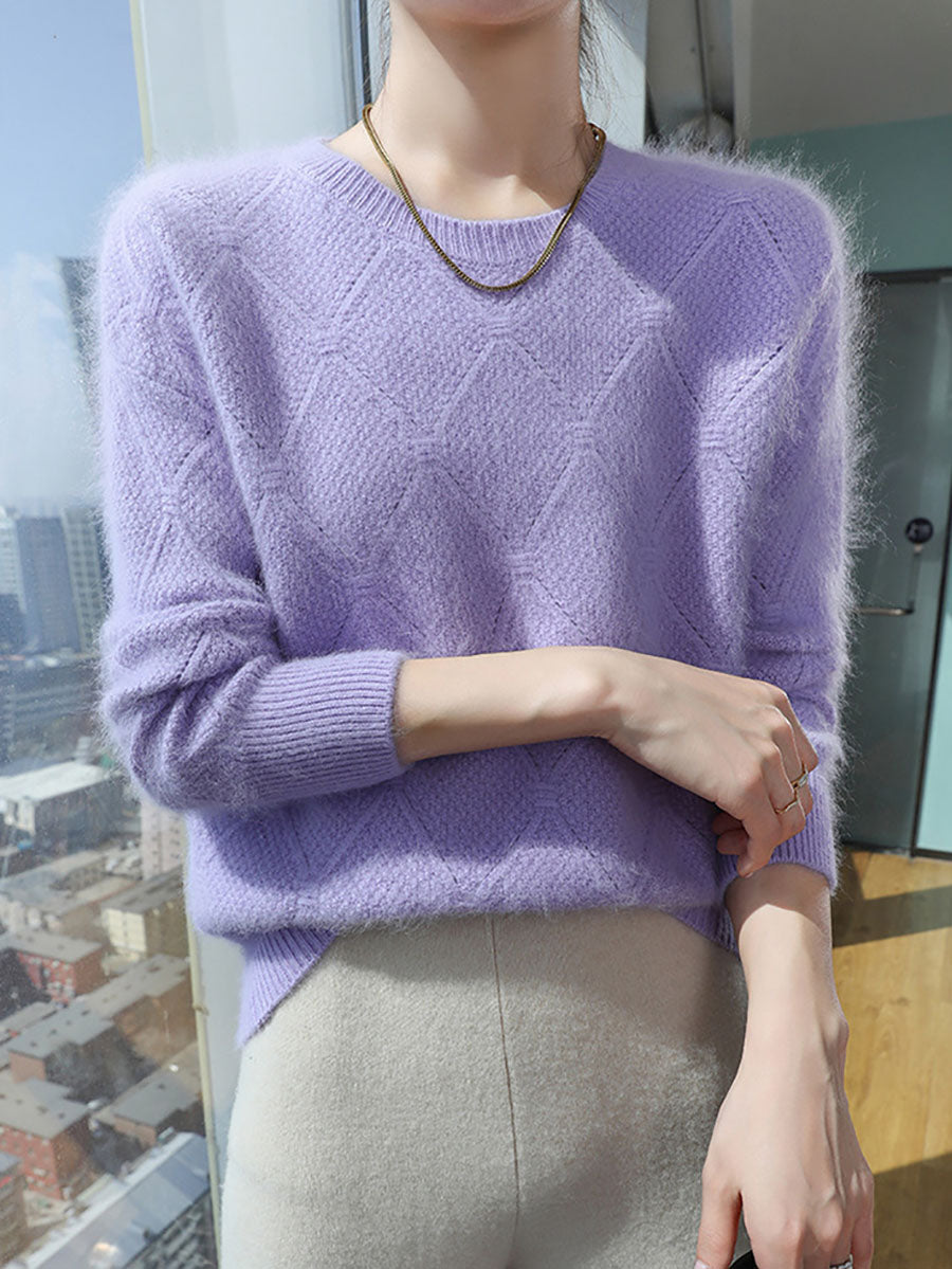 Women Autumn O-Neck Solid Rhomboids Wool Warm Knit Sweater AV1010