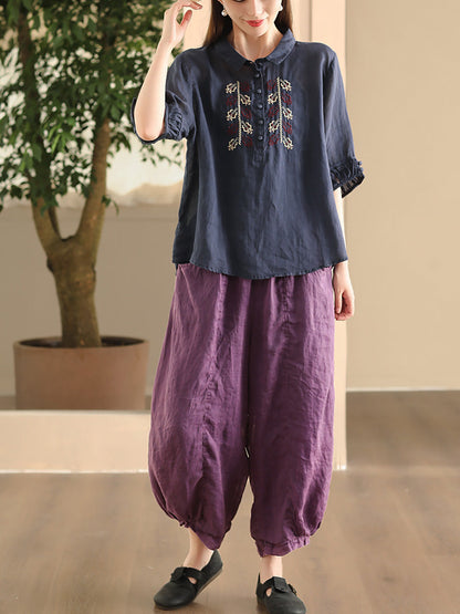 Women Summer Vintage Embroidery Turn-down Collar Ramie Shirt FD017