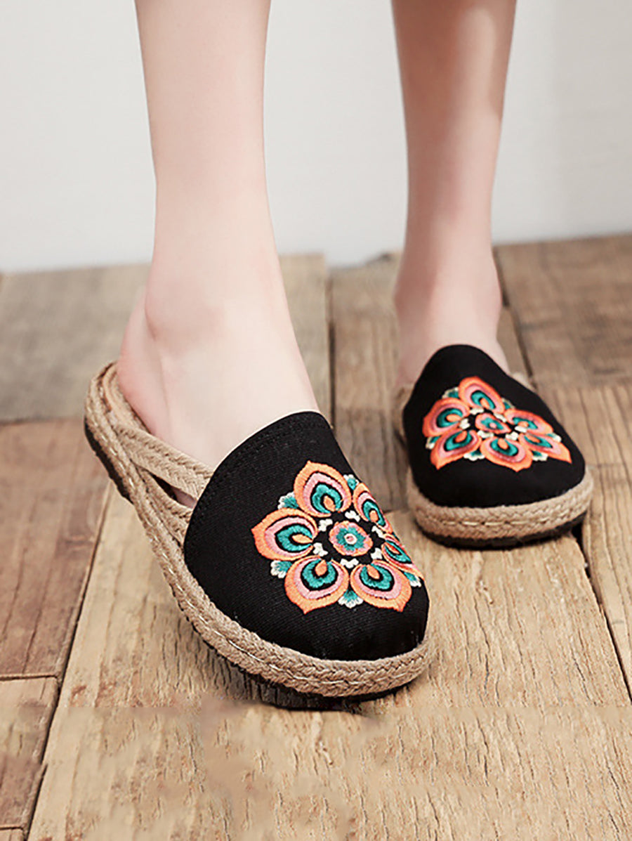 Women Summer Ethnic Flower Embroidert Straw Slippers II1017