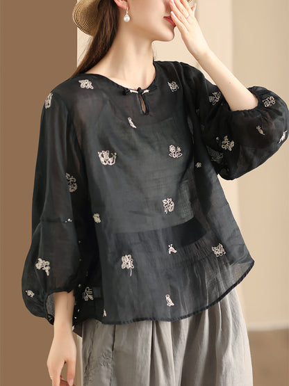 Women Summer Vintage Flower Embroidery Ramie Shirt AA1042