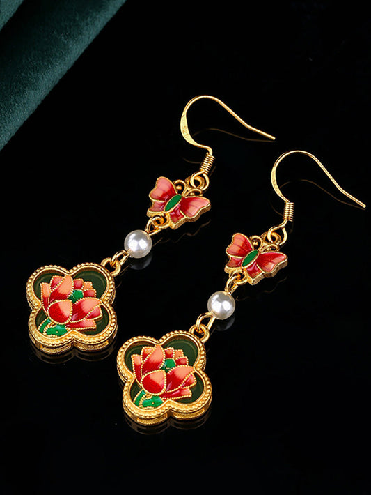 Boucles d'oreilles vintage en émail et perles pour femme, motif papillon et fleur, AH1086