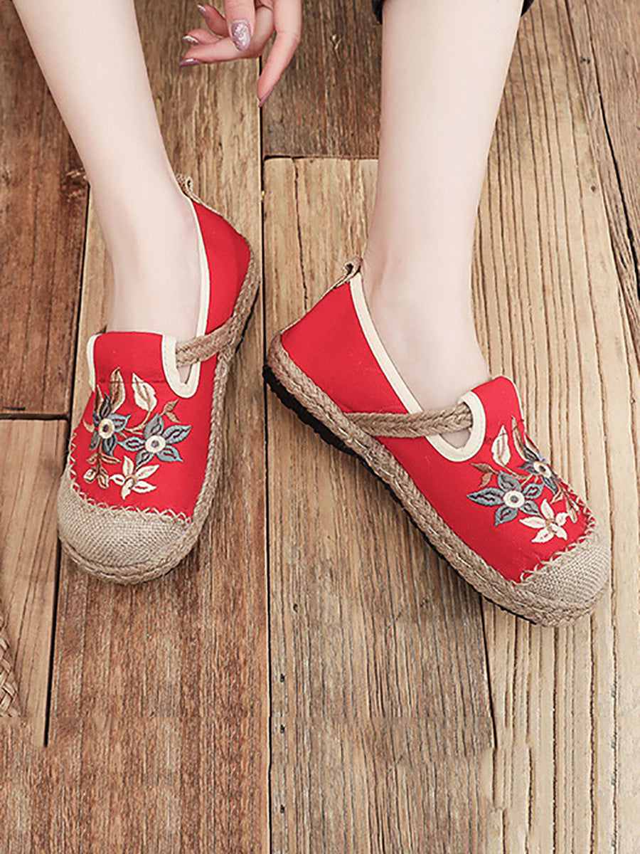 Women Ethnic Flower Embroidery Linen Cotton Flat Shoes AH1062