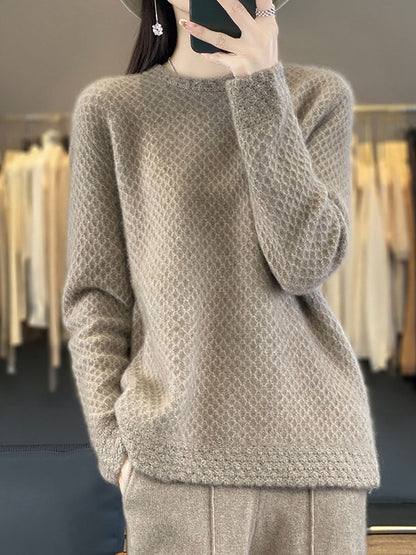 Women Autumn Solid Knit 100%Wool O-Neck Sweater QM005