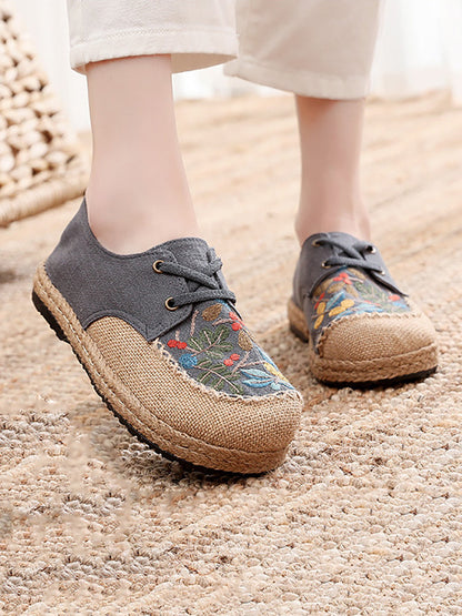 Women Summer Vintage Flower Embroidery Linen Cloth Shoes AT1068