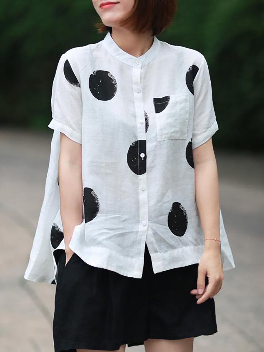 Dot Collar Stand Linen Polka Plus Cotton Size Shirt