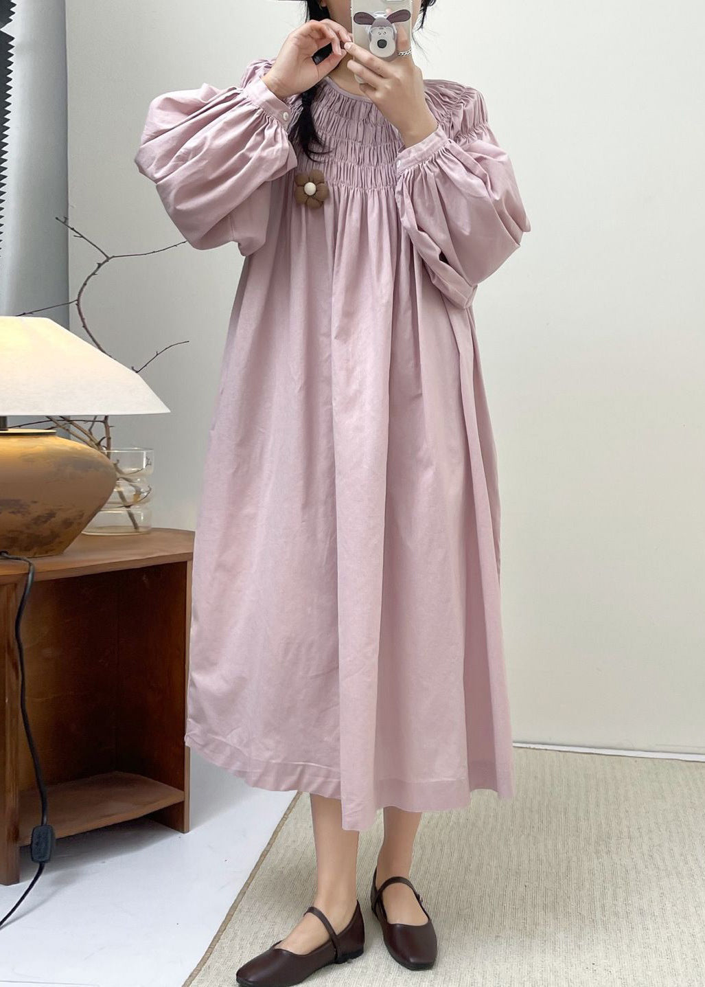 Robe ample en coton rose avec poches froissées, printemps NN034 