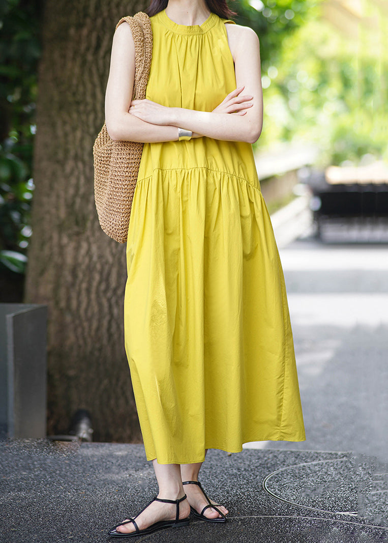 Elegant Yellow Pockets Solid Cotton Long Dress Sleeveless AF1043