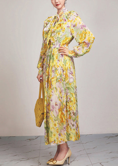 Beautiful Yellow Print Lace Up Chiffon Long Dress Long Sleeve AR1037