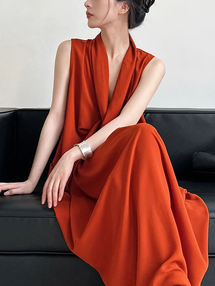 Pockets with Draped Sleeveless Dress Elegant Midi
