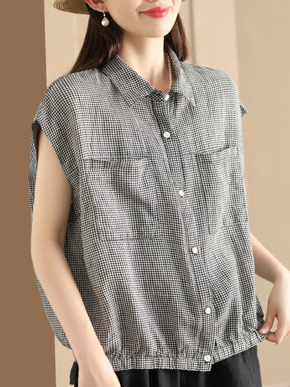 Women Summer Casual Plaid Button-up Linen Shirt HH013