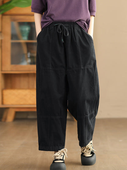 Women Autumn Vintage Solid Spliced Pocket Harem Pants AI1030