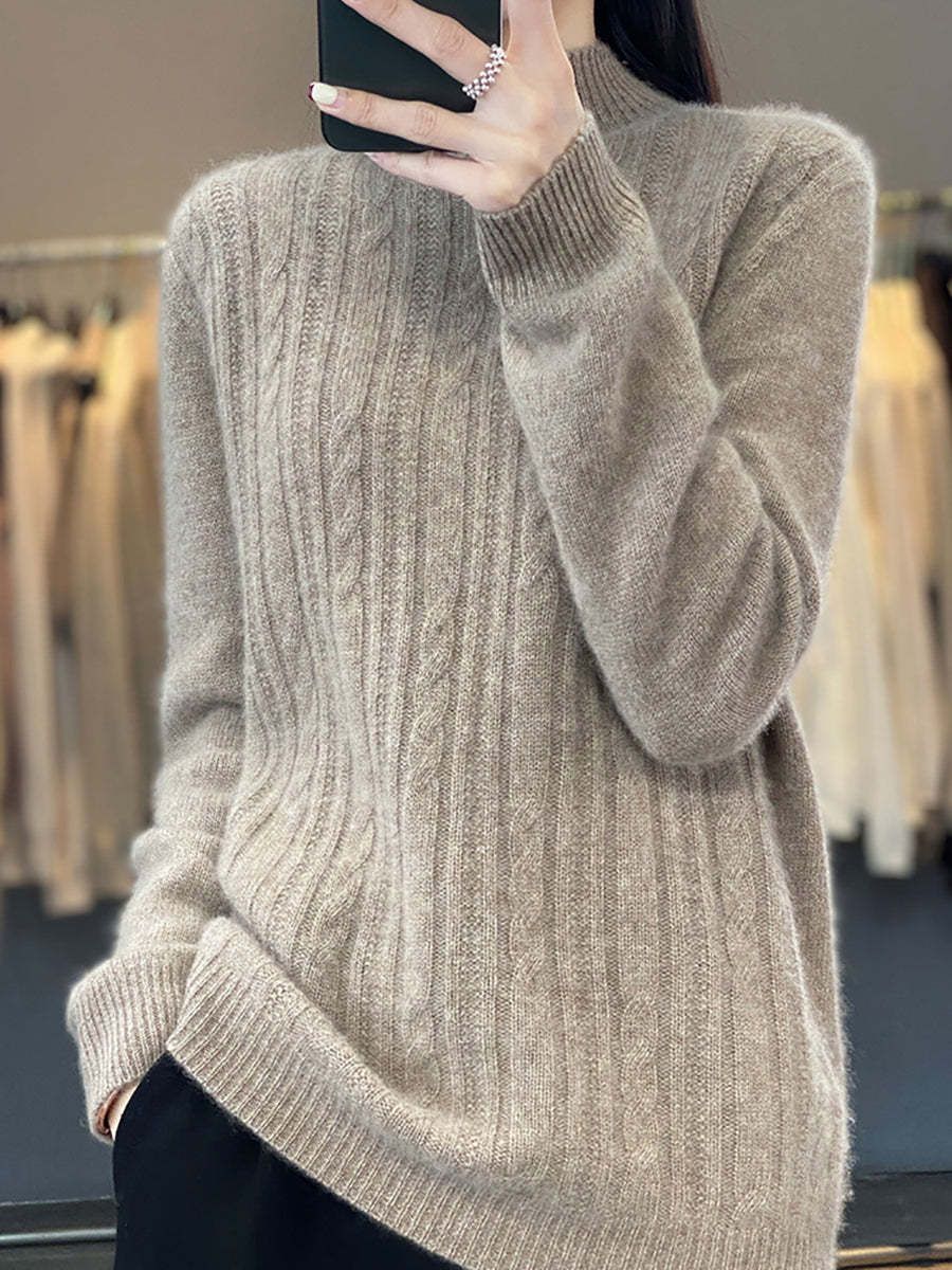 Women Autumn Solid Cable Knit 100%Wool Half Turtleneck Sweater QN027