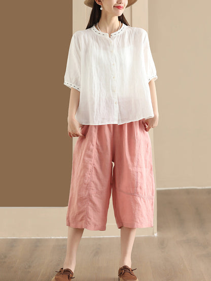 Women Summer O-Neck Embroidery Button-up Ramie Shirt PP1035