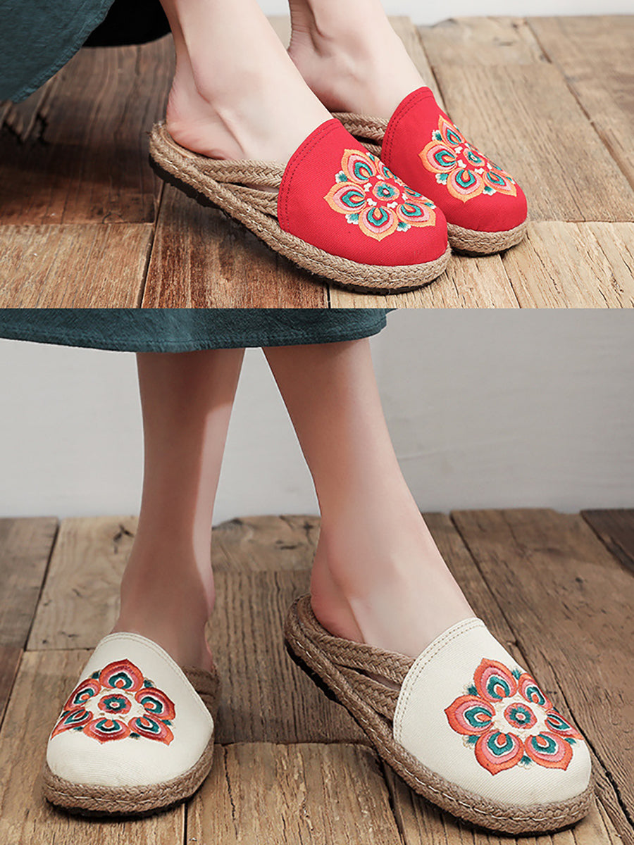 Women Summer Ethnic Flower Embroidert Straw Slippers II1017