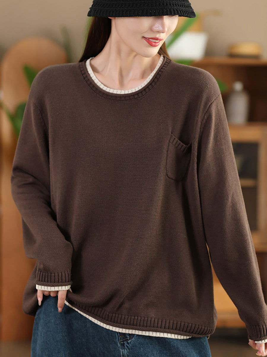 Women Autumn Casual Colorblock O-Neck Cotton Knit Blouse AI1068