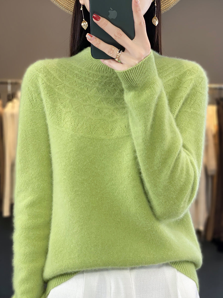 Women Autumn Solid Cable Knit 100%Wool Half Turtleneck Sweater QN017