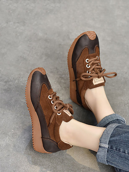 Women Casual Leather Colorblock Strap Mid Heel Sport Shoes BA1028