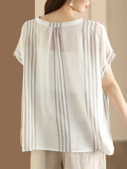 Women Summer Artsy Stripe V-Neck Thin Linen Shirt CV1053