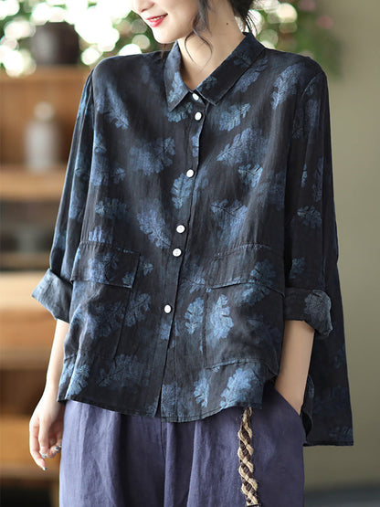 Women Vintage Floral Spring Button Up Ramie Blouse AT1089