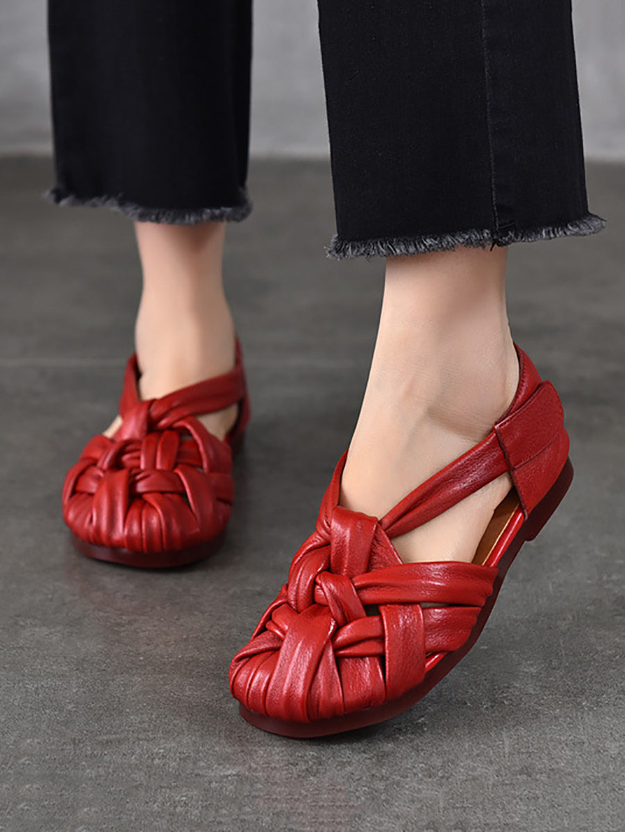Sommer Leder Flache Retro Frauen Weben Echte Schuhe