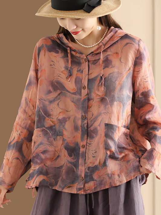 Women Spring Artsy Flower Button-Up Hooded Shirt CO1004