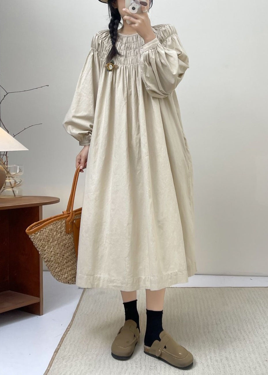 Robe en coton uni beige à lacets et manches longues NN044