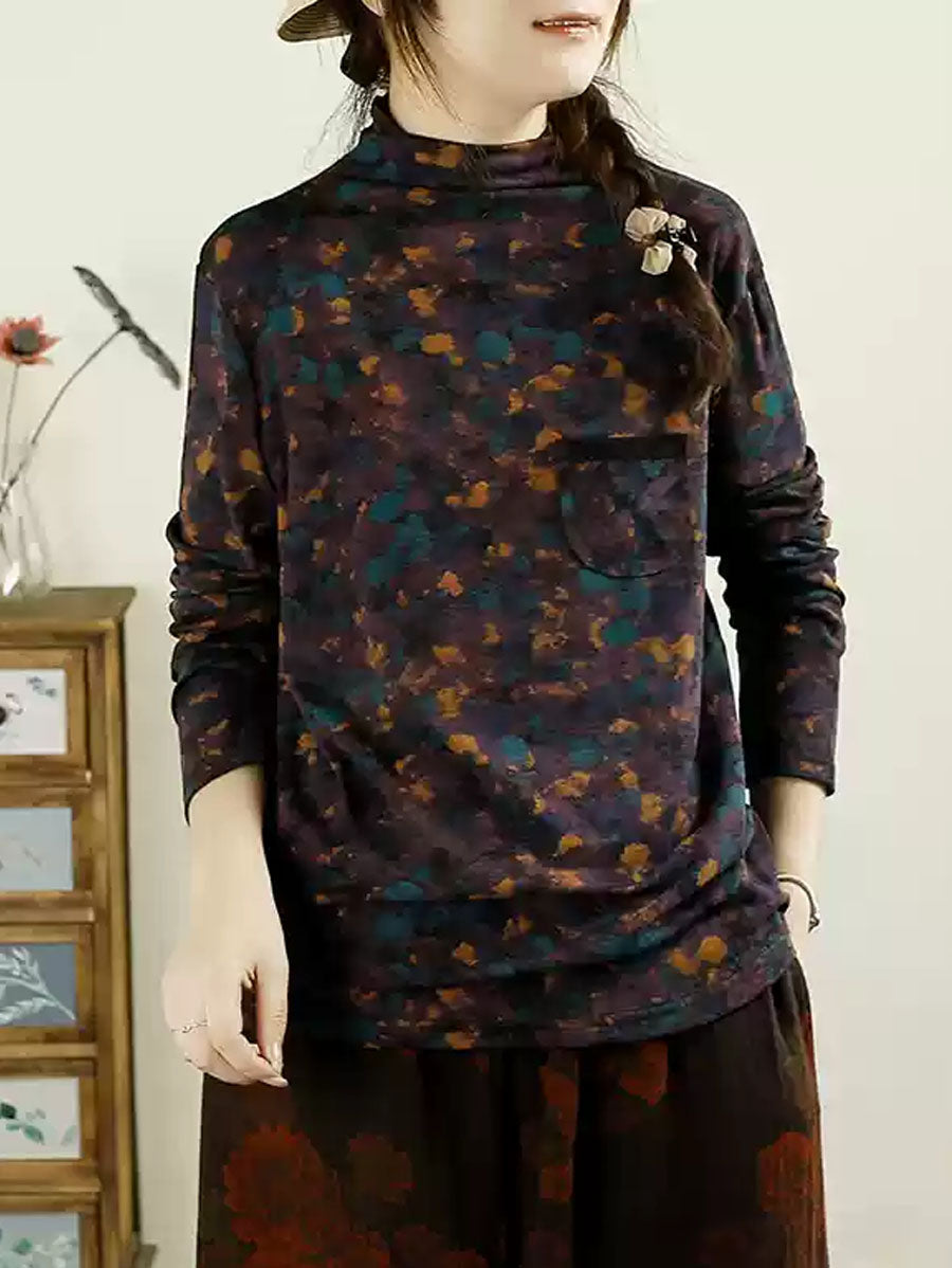 Chemisier en coton à col roulé et poches pour femme, motif floral artistique, automne AX1043