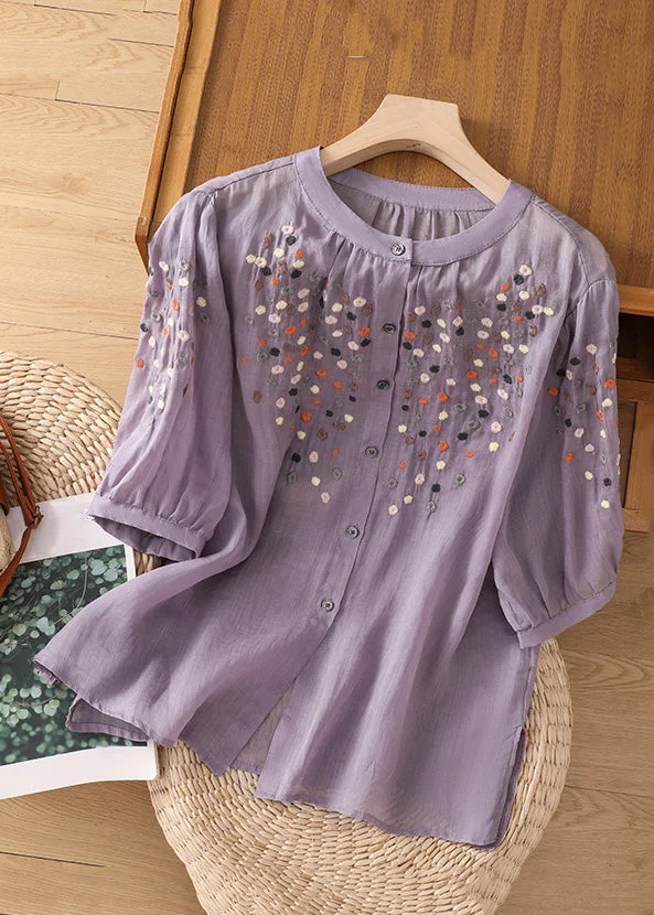 Grace Purple O Neck Embroideried Side Open Linen Blouse Spring QB032