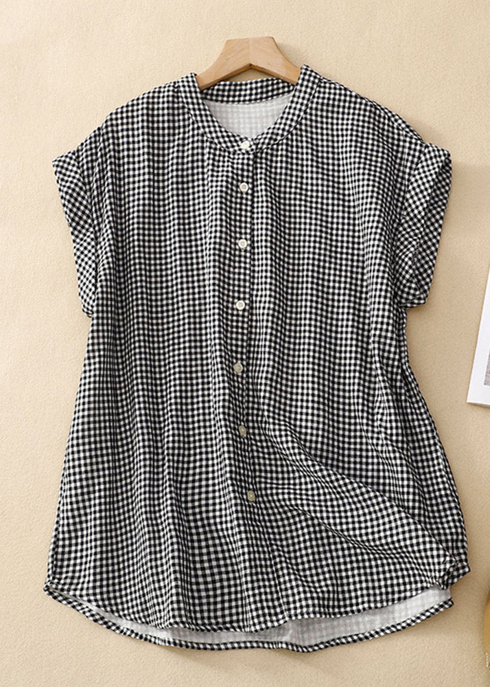 Grace Size Stand Collar Plaid Button Cotton Shirts Summer QB030