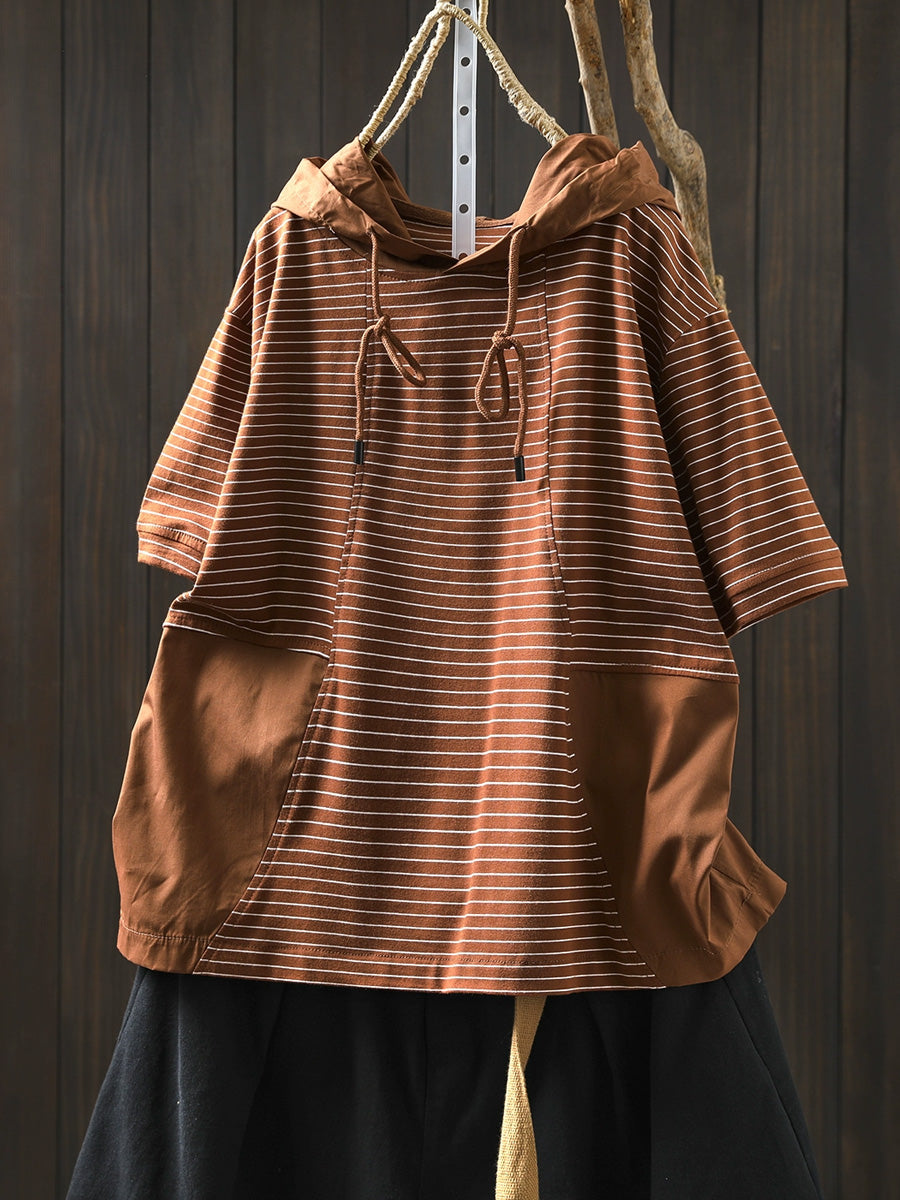 Gespleißtes Baumwollhemd Sommer mit Kapuze Streifen Casual Damen 