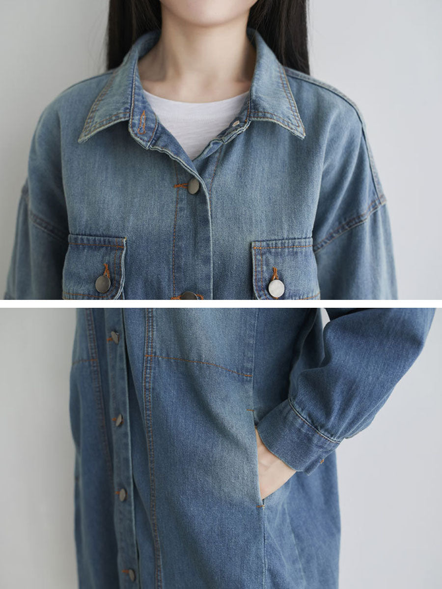 Women Autumn Casual Solid Pocket Denim Shirt Coat AS1001