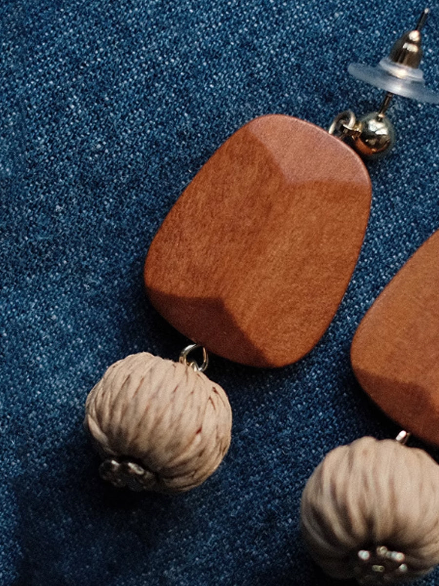 Boucles d'oreilles en bois et paille pour femme, style bohème