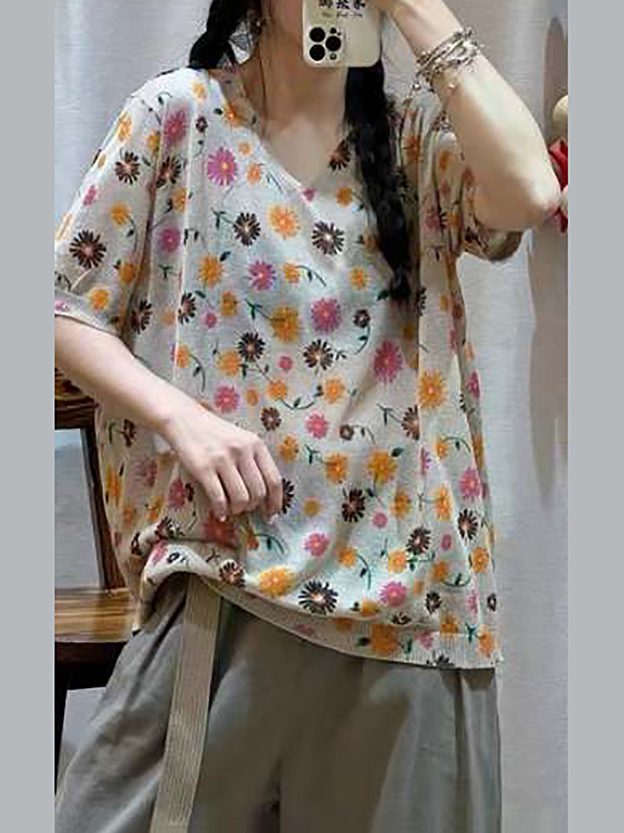 Women Casual Flower Summer V-Neck Loose Pullover Shirt QW1028